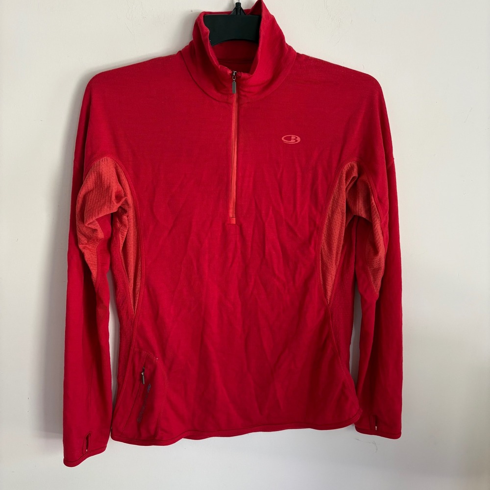 FLAW! Icebreaker Merino Wool 1/4 Zip Base Layer Top Women Red Small Thumbholes